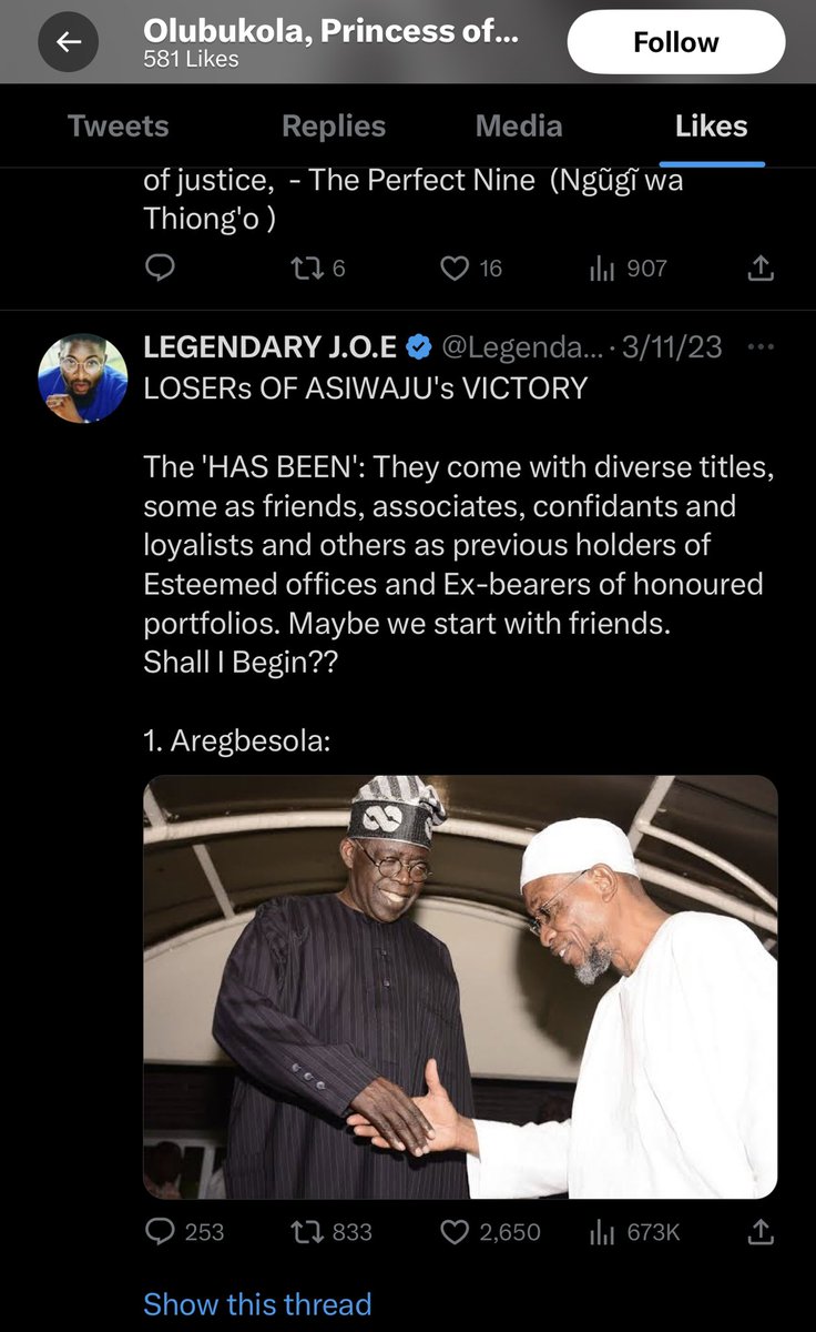 General_Oluchi's tweet photo. I don’t need to know you (you don’t matter in the grand scheme of things). But your type is very predictable. Your page is a proof of the type of things you engage on social media even when you think no one is watching. 

These are some of the things you LIKED on Twitter as a closet tribalist you are. You think that if you don’t tweet it, no one would know? 

Pic 1:  was you liking a recent Tweet saying people like GRV are not the real Lagosians! Did you do it for clout or attention? 

Pic 2: was you liking a tweet of people who missed out on Asiwaju’s victory. Why are you suddenly denying your political interest? Who will beat you? 

Pic 3: someone condemned APC and you jumped out like a virus ad to subtly fight back. 

Should I post more? 

At least I don’t hide my disgvst for your kind. Everyone knows I hate APC and everything it birthed.