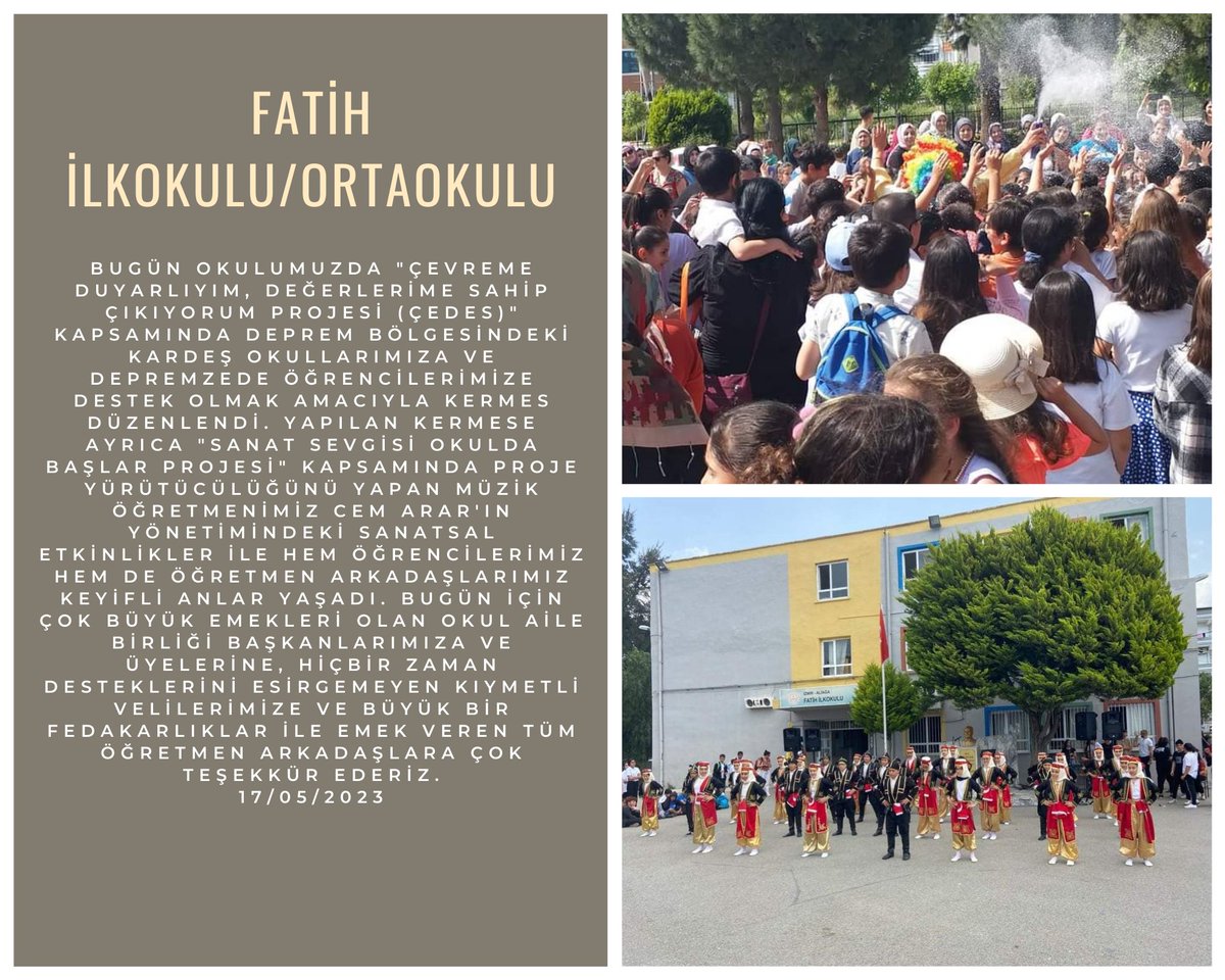AliagaFatih's tweet photo. "Çevreme Duyarlıyım, Değerlerime Sahip Çıkıyorum Projesi (ÇEDES)" kapsamında deprem bölgesindeki kardeş okullarımıza ve depremzede öğrencilerimize destek olmak amacıyla okulumuzda kermes ve sanatsal etkinlikler gerçekleştirildi. @35aliaga_MEM https://t.co/Jb4quS4k54