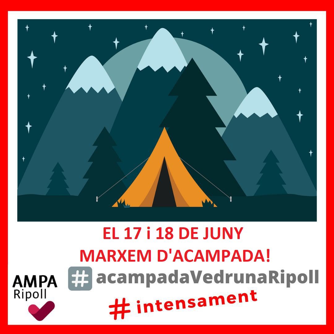 📣Aquest juny MARXEM D’ACAMPADA🏕 a Vallfogona de Ripollès. Us animeu? 

Una acampada al mig de la natura⛰️, sopar a la vora del foc🔥, jocs de nit🔦 pel nucli medieval i  una petita excursió a peu.  

Inscripcions fins el 15 de juny a ampa@vedrunaripoll.org 

#Intensament