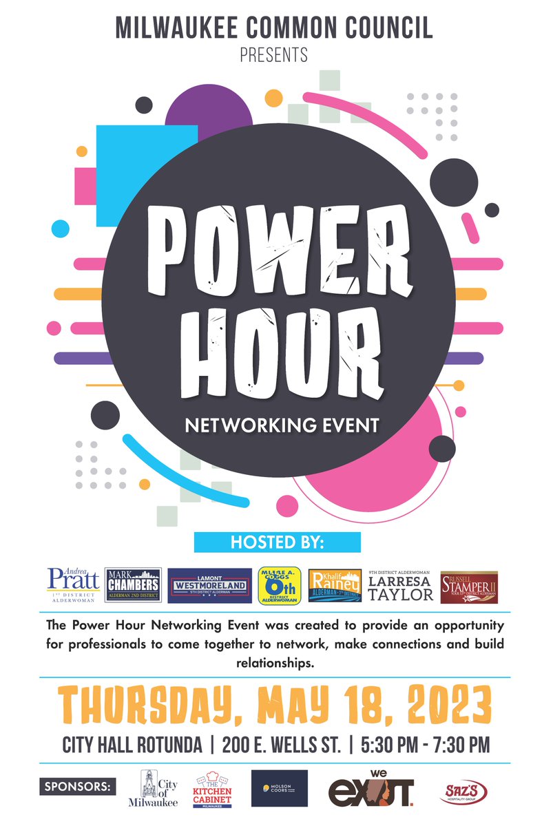 Spring Power Hour networking event comes to City Hall TOMORROW. 

city.milwaukee.gov/ImageLibrary/G…