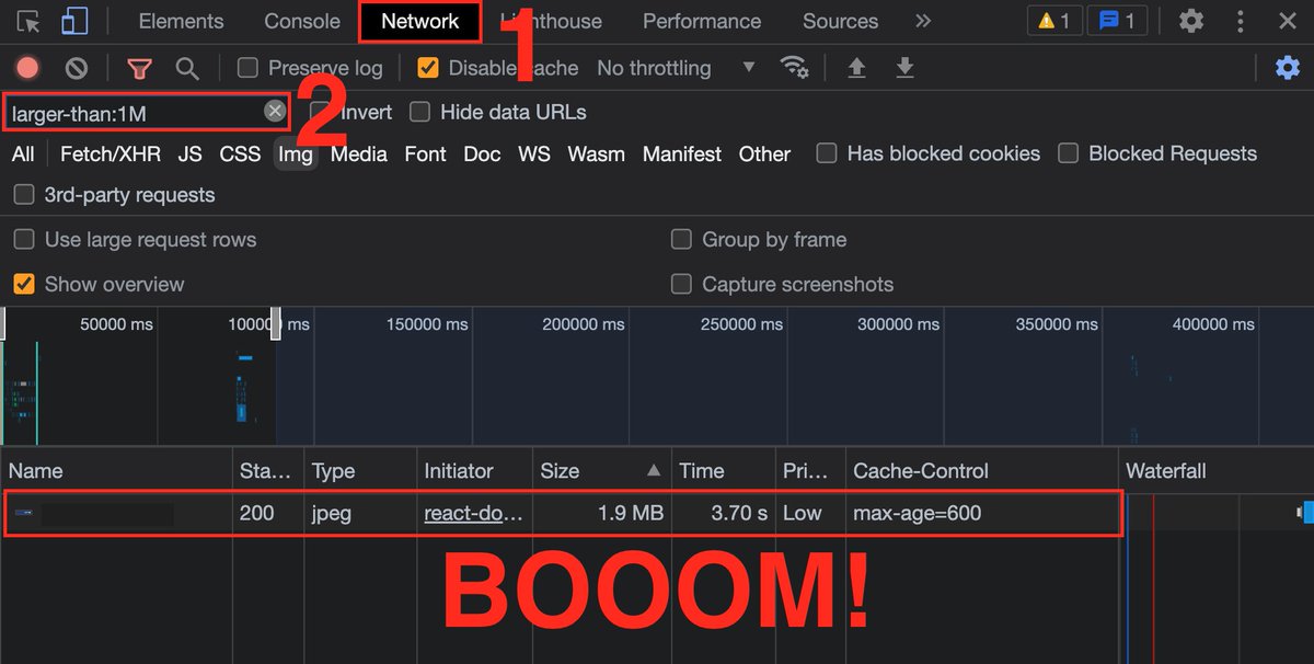 In the <a href="/ChromeDevTools/">Chrome DevTools</a> you can filter the resources network by size. 

e.g. larger-than:1M

#WebPerf #Performance #PerfTools