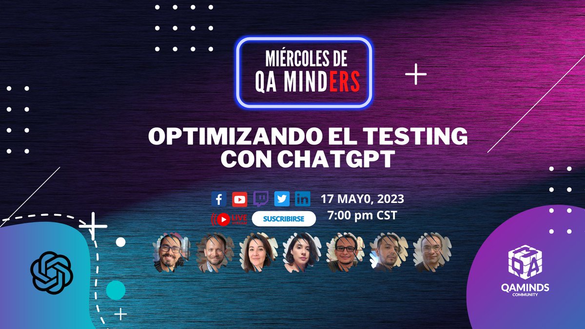 QA_MINDS's tweet image. 🙌Ya es miércoles!! nos vemos hoy a las 7 p.m. (MX) Facebook Live, LinkedIn, Twitter y YouTube.

👉“Optimizando el Testing con ChatGPT“ Explorando los beneficios y limitaciones de la tecnología de NPL en el proceso del Testing.

#QA #testingsoftware #testingmanual #QAminders
