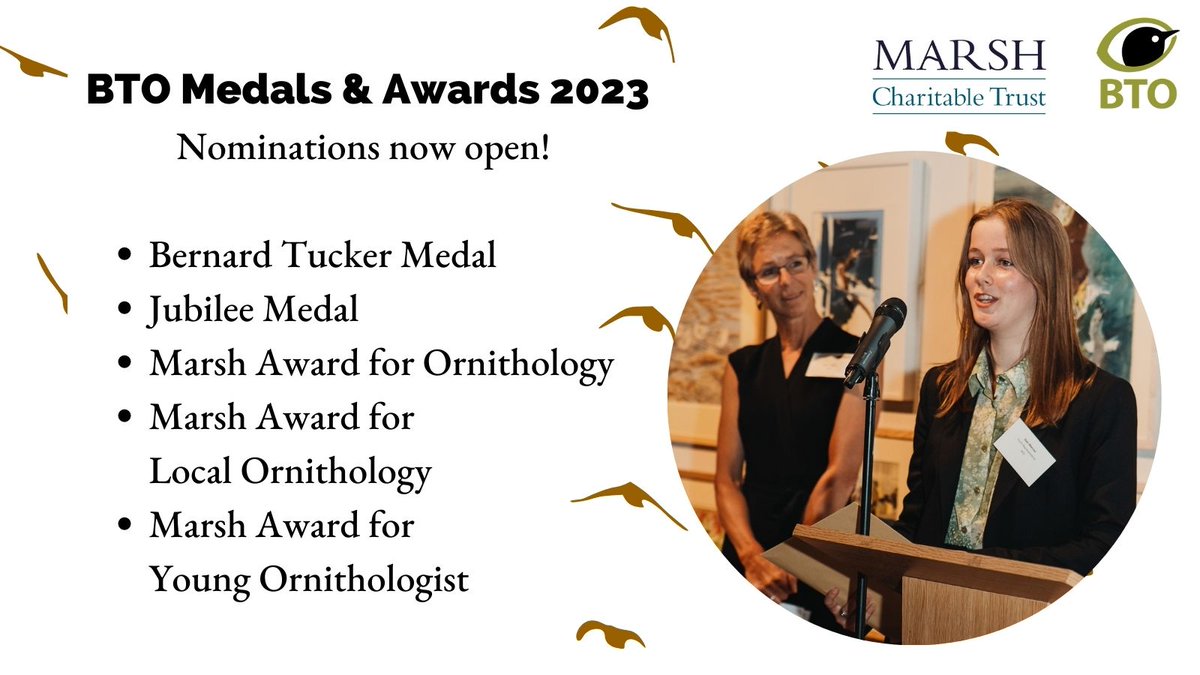 2 weeks left to send us your nominations for the BTO Awards 2023! 🏆🥇 

There are five categories to choose from, and you've got until 31 May to nominate someone for their outstanding contribution to #ornithology 👉 bit.ly/3myYl3f

<a href="/MarshAwards/">Marsh Charitable Trust</a> #MarshAwards