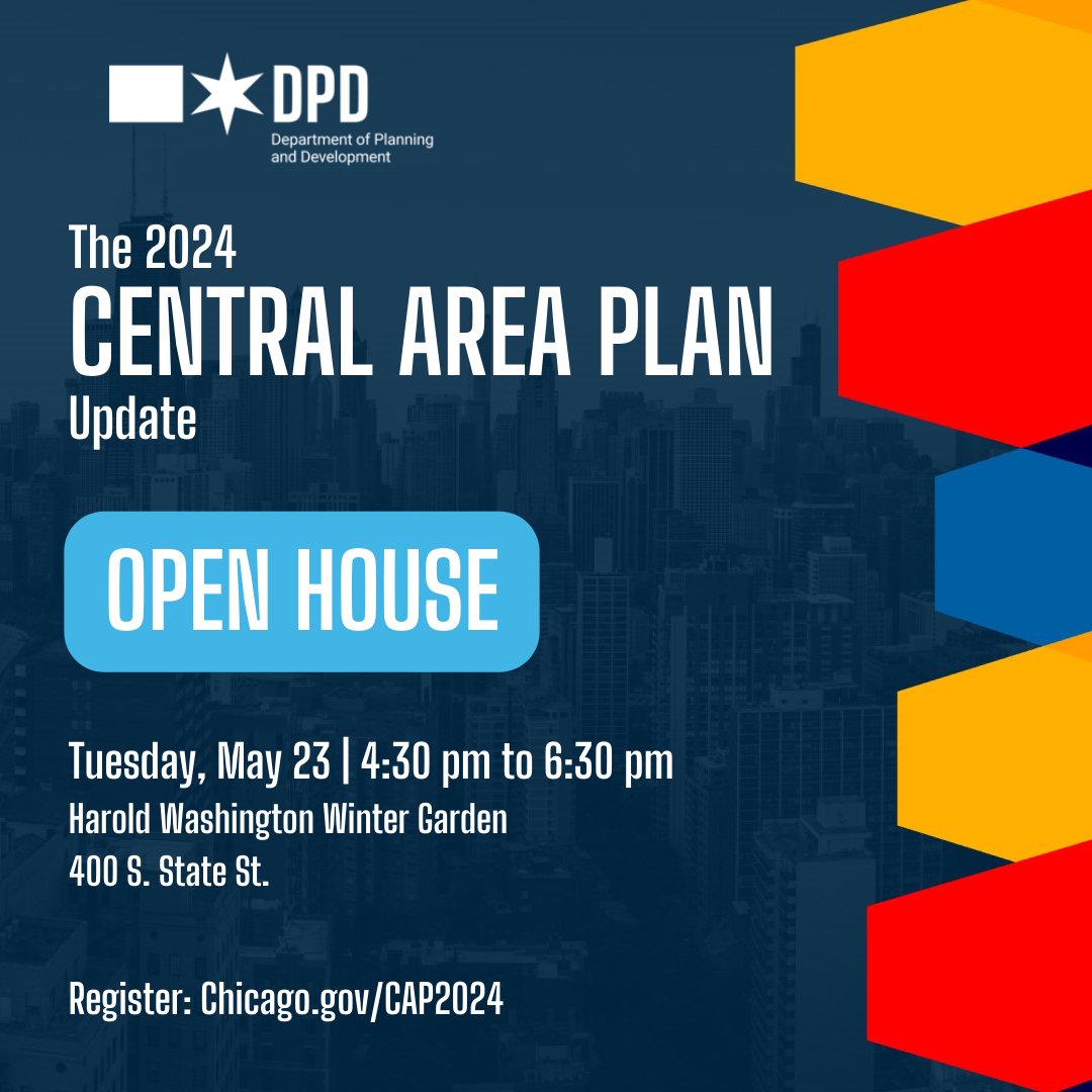ChiPublicHealth's tweet image. Join @ChicagoDPD to discuss the future of downtown. Visit the #CentralAreaPlan open house on Tuesday, May 23, at the Harold Washington Library from 4:30 to 6:30 p.m. Register at Chicago.gov/CAP2024.