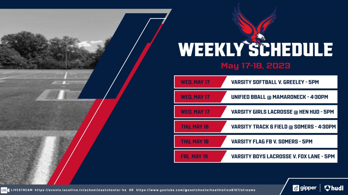 Next few days are packed with #EAGLENATION playoff games! Check out our schedule below. Get out &amp; cheer or watch live: <a href="/EastchesterVSB/">Eastchester Softball</a> <a href="/EastchesterLAX/">Eastchester Lacrosse</a> <a href="/ecvarsgirlslax/">Eastchester Girls Lacrosse</a> <a href="/EHSGirlsFlag/">Eastchester Varsity Girls Flag Football</a> <a href="/ufsdeastchester/">@ufsdEastchester</a> <a href="/UnifiedSportsNY/">Unified Sports NY</a> <a href="/SecOneAthletics/">Section I Athletics</a>