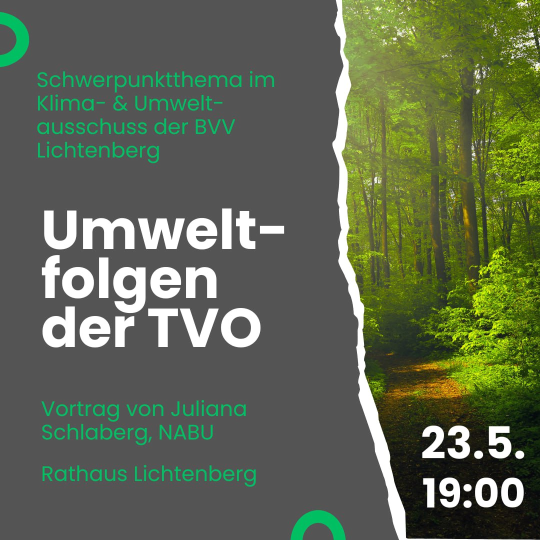 Vor einigen Wochen haben wir vorgeschlagen, die Umweltfolgen der #TVO im #Klima-Ausschuss der #BVV #Lichtenberg zu diskutieren. Dienstag 19:00 Uhr ist es soweit. 
Hoch aktuell durch #wuhlibleibt <a href="/wuhlheidebleibt/">wuhli</a>
mit Vortrag vom <a href="/NABU_Berlin/">NABU Berlin</a>  
#Verkehrswende
#FridaysForFuture