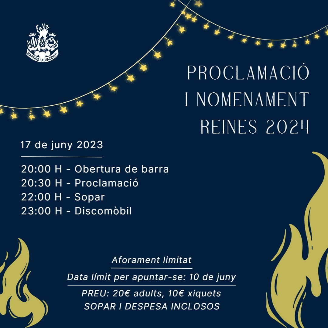 fallamartirs's tweet photo. Arriba 💫LA NIT DE SANT JOAN - PROCLAMACIÓ I NOMENAMENT DE LES NOSTRES REINES 2024💫. Serà el proper dissabte 17/06, al nostre carrer. Pots apuntar-te fins el 10/06, i el dia per pagar i recollir el teu tiquet és el dimecres 14/06 (19:30h-21:00h) al Casal. L'aforament és limitat. https://t.co/fTDokfBgny