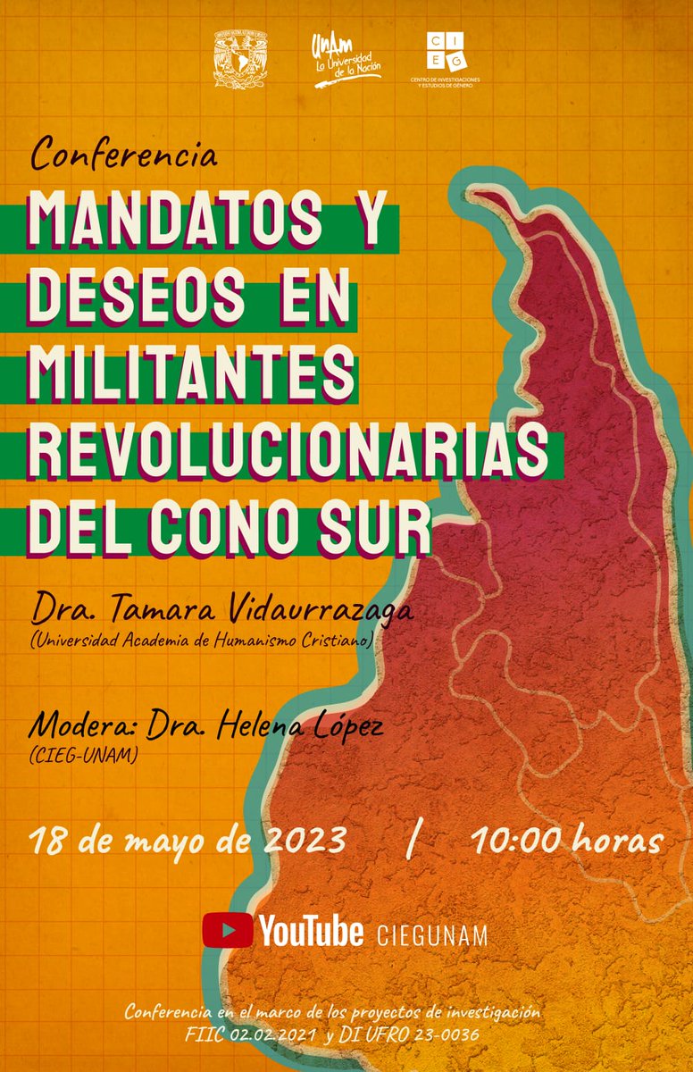 PoliticaUAHC's tweet photo. Docente de nuestra Escuela, Dra @TVidaurrazaga en el marco de una pasantía de investigación en la @UNAM_MX  realizará MAÑANA 18 d Mayo la conferencia "Mandatos y Deseos en Militantes Revolucionarias del Cono Sur"  12 hrs de Chile
vía https://t.co/qjoiVJDjMN
@U_Academia https://t.co/fLSDSeXWY3
