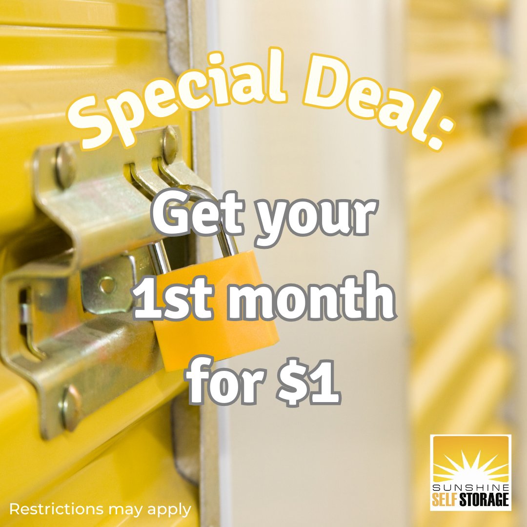 StorageSunshine's tweet image. Check out this great deal! Visit your local Sunshine Self Storage today

Based on availability; size limits and other restrictions may apply.
#Sunshine #Blog #SelfStorage #SunshineSelfStorage #Storage #StorageWars #StorageBlog #Moving #Budget