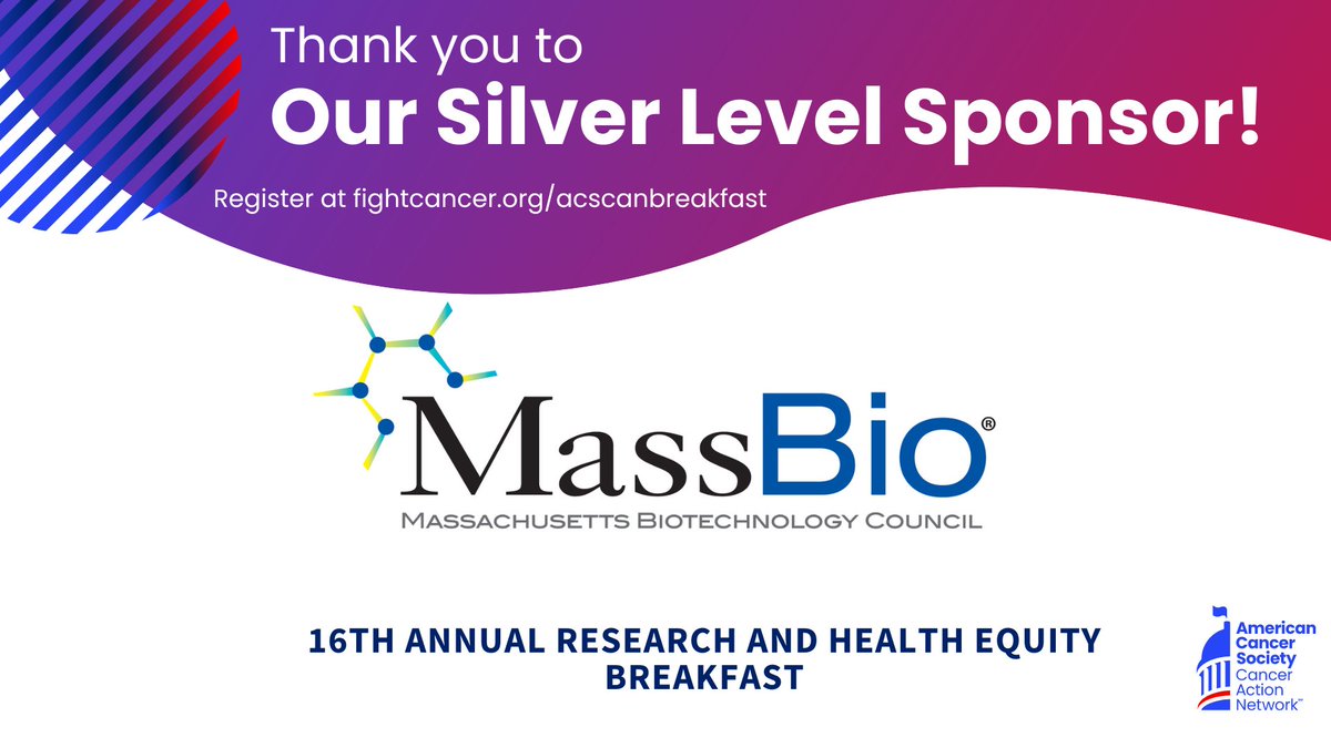 Thank you to <a href="/MassBio/">MassBio</a> for their silver level sponsorship of this year's <a href="/ACSCAN/">American Cancer Society Cancer Action Network</a> 16th Annual Research &amp; Health Equity Breakfast in Boston. We appreciate your support &amp; look forward to a continued partnership! #acscanbreakfast #research #healthequity