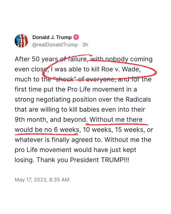 A screenshot of a Donald Trump social media post. The line "I was able to kill Roe v. Wade" is circled in red, and the line "Without me there would be no 6 weeks" is underlined in red. 