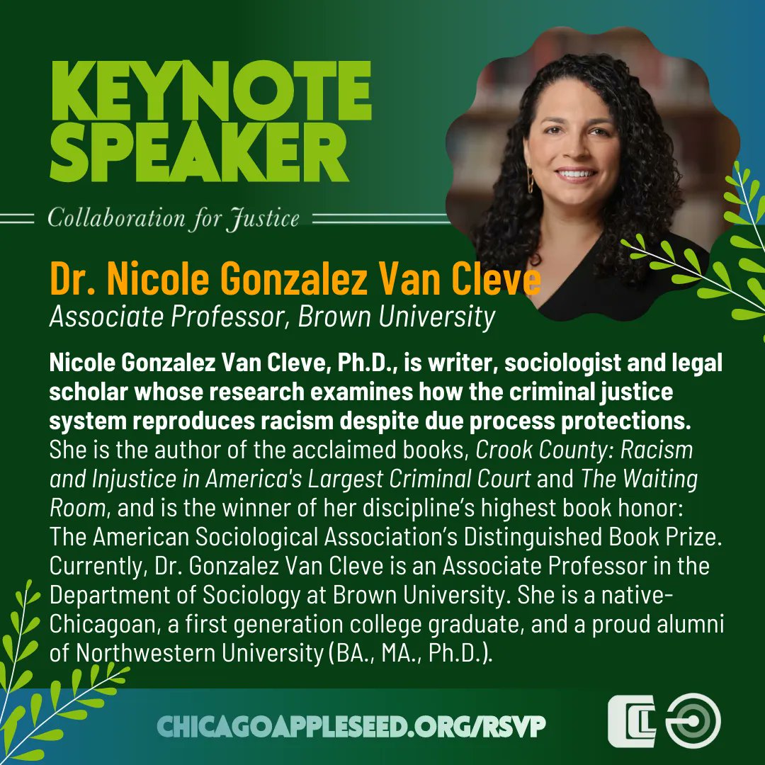 ChiAppleseed's tweet photo. Introducing our #Commitment2Justice keynote speaker! β¨ Dr. Nicole Gonzalez Van Cleve β¨ is a writer + legal scholar who studies how the criminal system reproduces racism. @NVanCleve teaches Sociology at Brown University.
Need tickets? RSVP today @ https://t.co/UW0Xn2VzRD! https://t.co/3y3ozb1m63