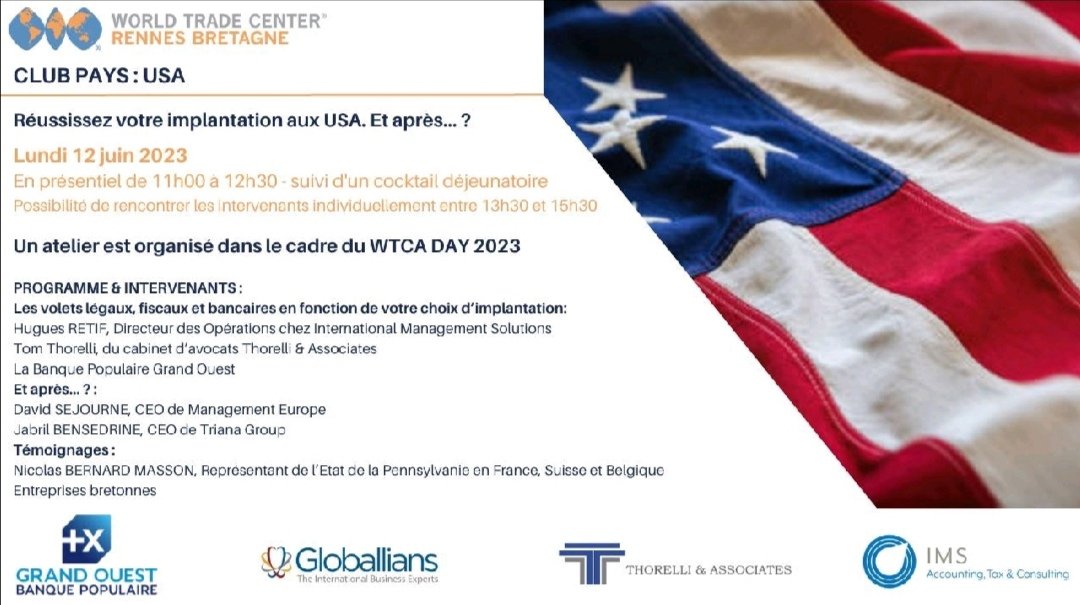 🇺🇸🇺🇸 Un atelier organisé dans le cadre du #WTCADAY2023 de la <a href="/WTCA/">WTCA</a> ! Au plaisir de vous retrouver en présentiel au <a href="/WTCbretagne/">WTC Rennes Bretagne</a> lundi 12 juin dès 11h !!
En partenariat avec la <a href="/bpgrandouest/">Banque Populaire Grand Ouest</a>, <a href="/IMSIntl/">IMS International</a>, Thorelli &amp; Associates, <a href="/TrianaGroup/">Triana Group</a> et le réseau #Globallians