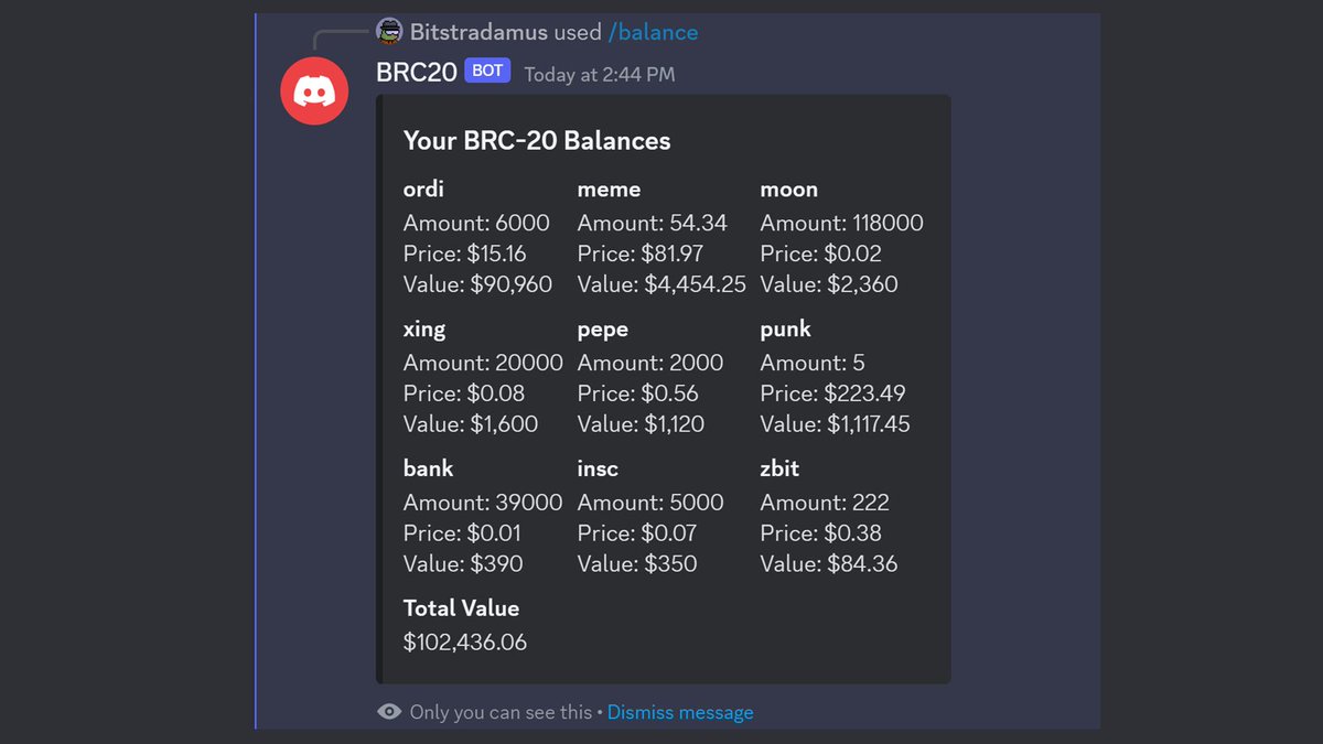 bitstradamus's tweet photo. Check your BRC-20 balance with a single Discord command:

https://t.co/ATQmZ7wUpi

$ORDI $MEME $MOON $XING $PEPE $PUNK $BANK $INSC $ZBIT #ordinals https://t.co/9XvdEj6E2D