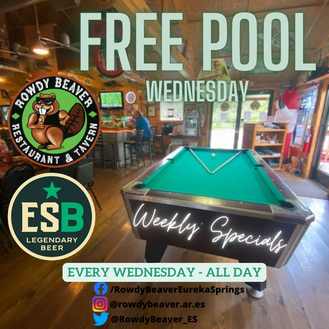 RowdyBeaver_ES's tweet photo. We've got free pool all day! #humpday #rowdybeaver #eurekasprings #brewsandque https://t.co/dYBoXNGZ7R
