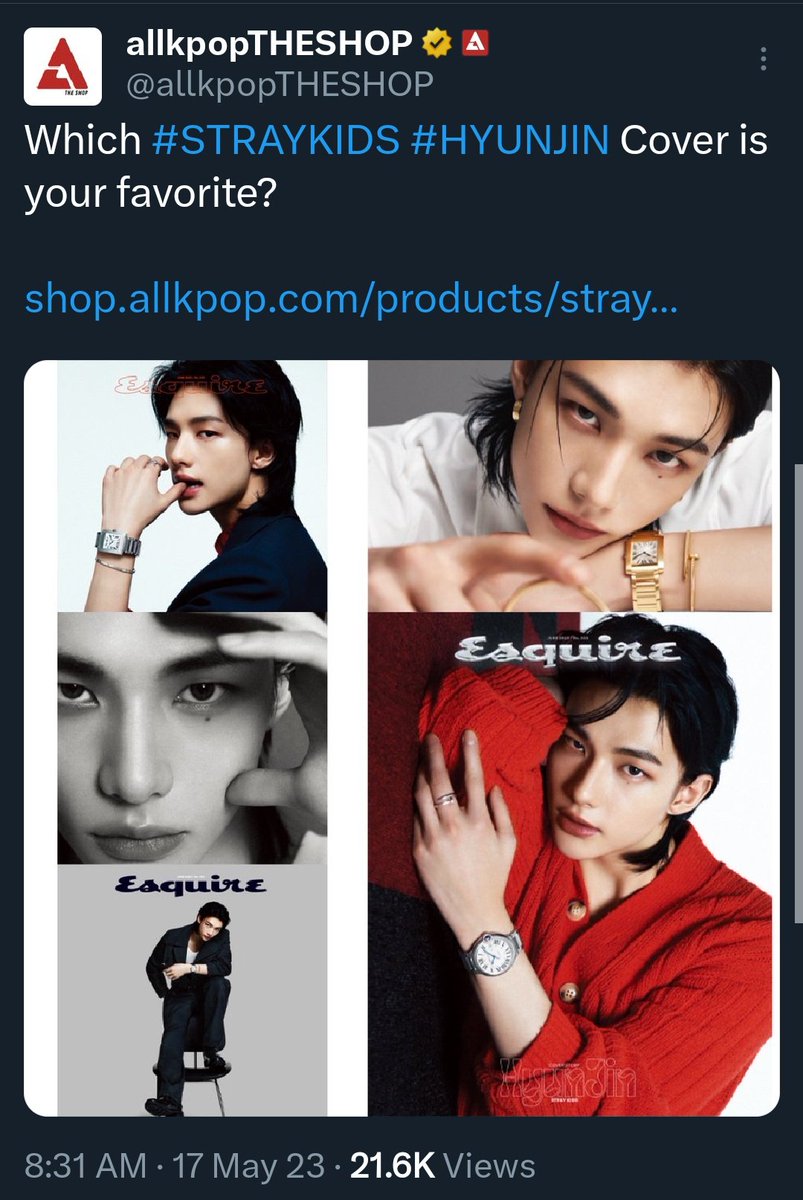 ugh_ur_behavior's tweet photo. DO NOT BUY FROM THIS SHOP!
A!!kp0p has been d!sgust!ng to SKZ and make misleading headlines for clicks. They fan the flames of h@te the Kids get. Now their shop is trying to sell Hyunjin's Esquire magazine. 
Buy Hyunjin's magazine elsewhere. Don't give them clicks or sales. https://t.co/eBsDNkoFuF
