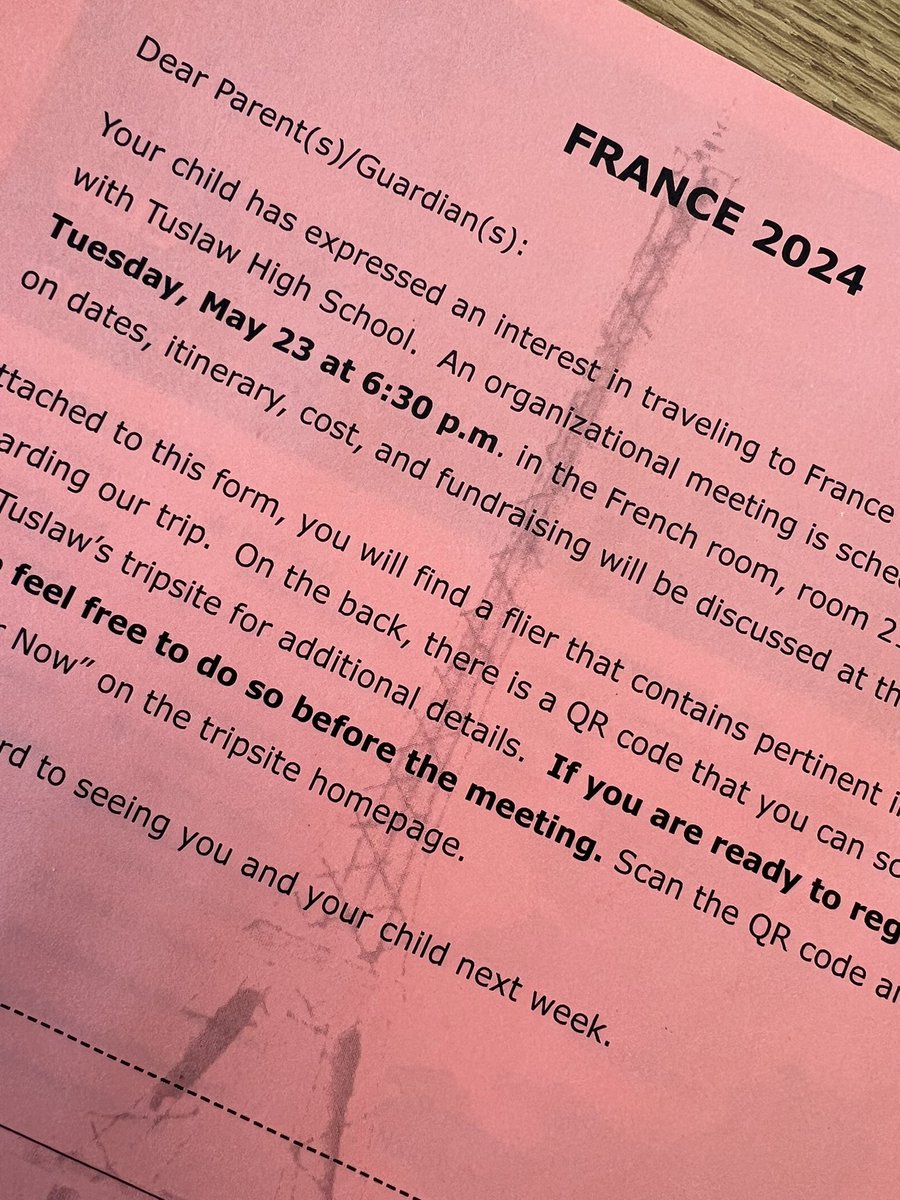 TuslawMLC's tweet photo. France 2024 informational packets went home today. Please return the bottom half of the salmon colored paper tomorrow. ✈️ 🇫🇷 📸 https://t.co/xb8DgIGspD