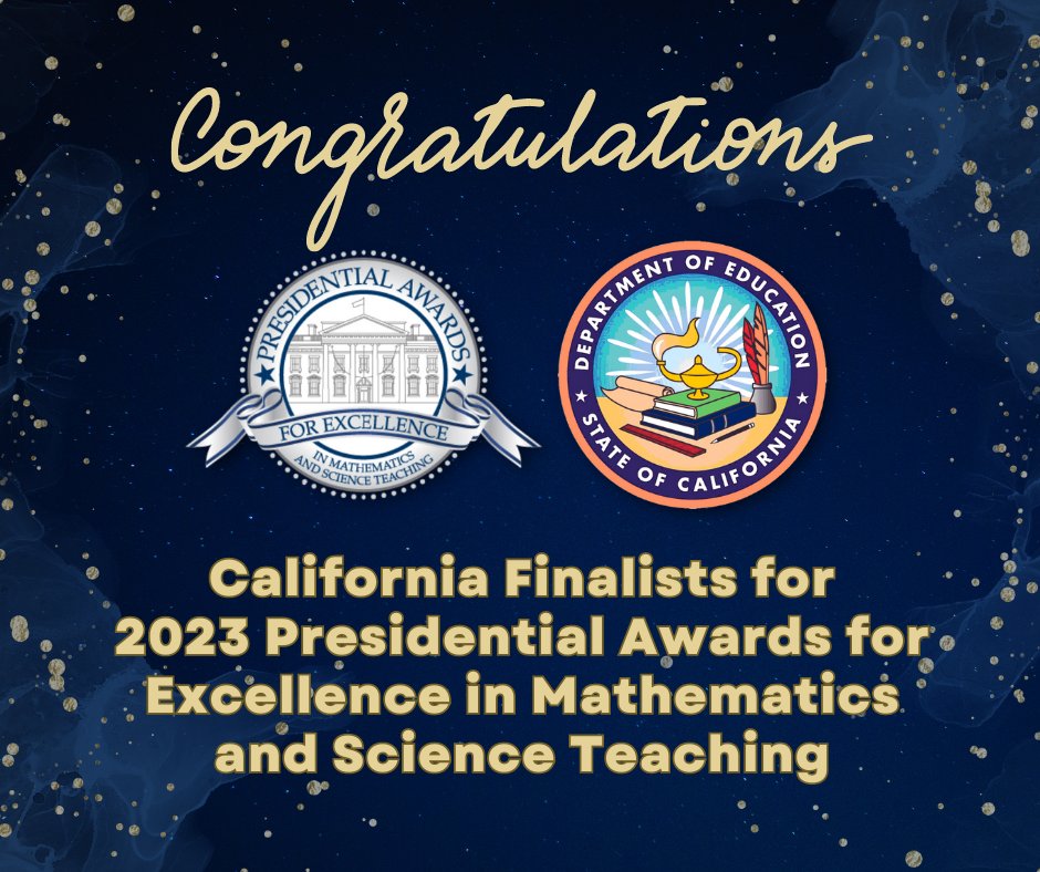 CADeptEd's tweet photo. Exemplary models for excellence! π€© π
Seven outstanding mathematics and science teachers announced by State Supt. @TonyThurmond as finalists from CA for the 2023 Presidential Awards for Excellence in Mathematics and Science Teaching: https://t.co/HJcthrqpEz https://t.co/hgPKPc2de2