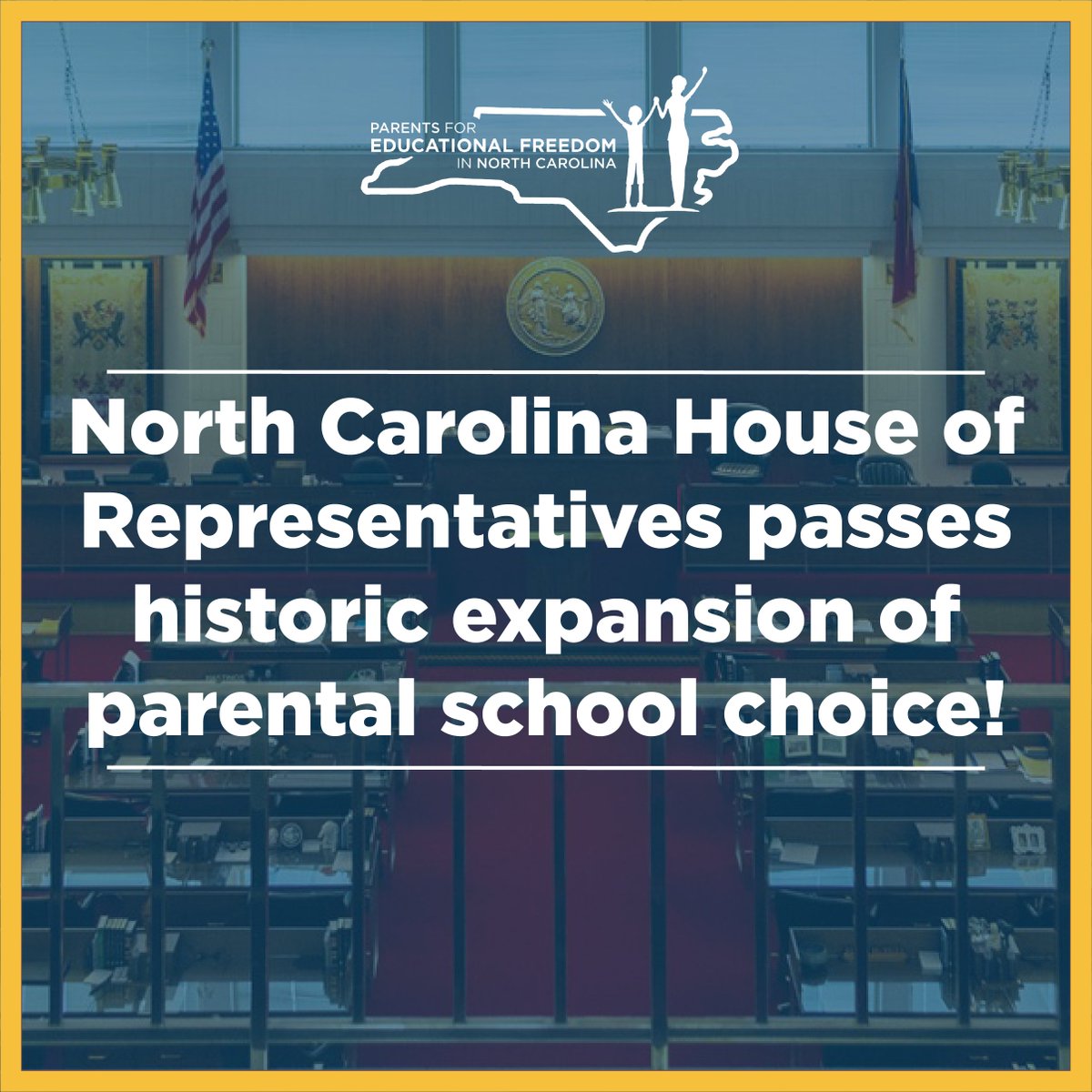 PEFNC's tweet photo. It's a historic day for parental school choice in NC! 🎉 Thank you to legislators, parents, educators, and school leaders for showing their support for HB 823 and it's a day to celebrate! @triciacotham @DavidWillisNC @timmoorenc and Rep. Donnie Loftis. #nced #ncga #hb823 https://t.co/ZqnaMEQxBw