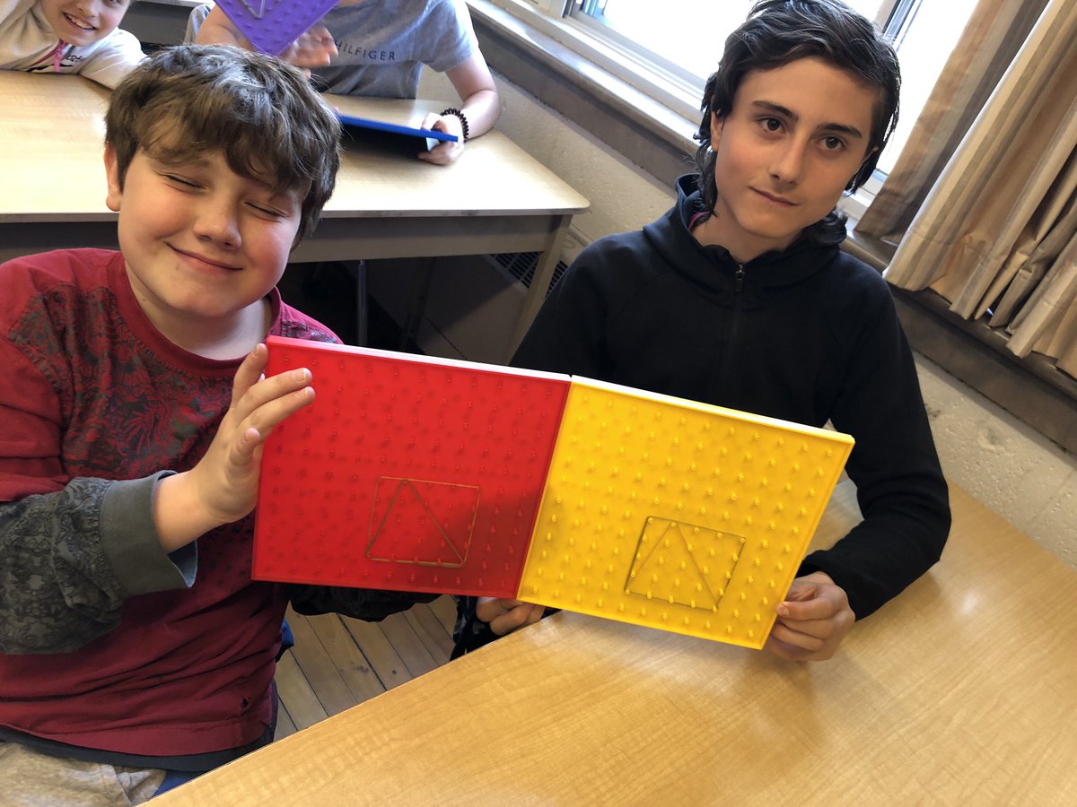 MrKSDyck's tweet photo. Grade 5/6s @PortWellerPS playing with elastics and #Geoboards to create #Triangles and #Parallelograms in order to understand their #Area and then #Develop a #Formula for the area of a triangle. #Math #SpatialSense #Measurement https://t.co/QD9ghwZFZh