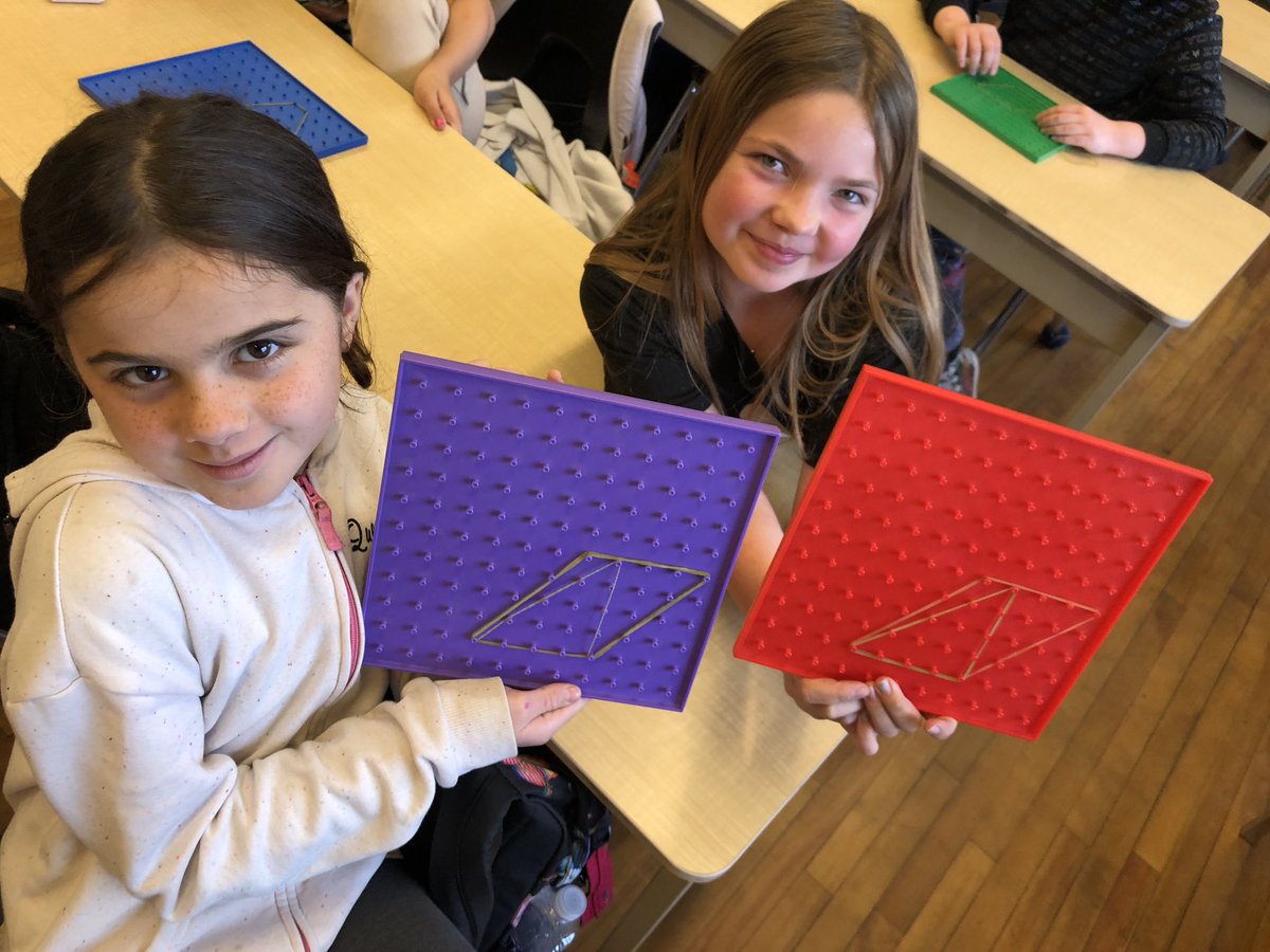 MrKSDyck's tweet photo. Grade 5/6s @PortWellerPS playing with elastics and #Geoboards to create #Triangles and #Parallelograms in order to understand their #Area and then #Develop a #Formula for the area of a triangle. #Math #SpatialSense #Measurement https://t.co/QD9ghwZFZh