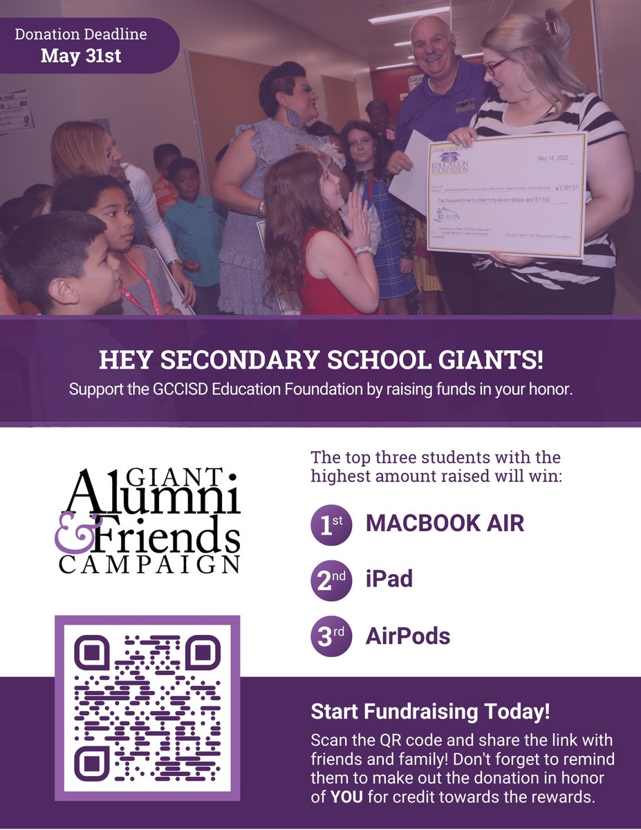 Hey <a href="/GCCISD/">Goose Creek CISD</a> GIANT Alumni &amp; Friends! Support our students by making a donation in their name. The top 3⃣ secondary and elementary students in the district with the highest amount raised will be rewarded! See prizes below!​🏆💻
👉 bit.ly/AlumniFriends23