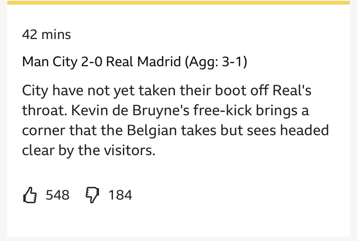 craigwatson1987's tweet image. I know that these live text commentary’s can sometimes get a little carried in the way (as can any live sport commentary), but “taking the boot off the throat” is poor, clumsy and unnecessary on the #ManCity vs #RealMadrid match for @BBCSport …

#BBCFootball