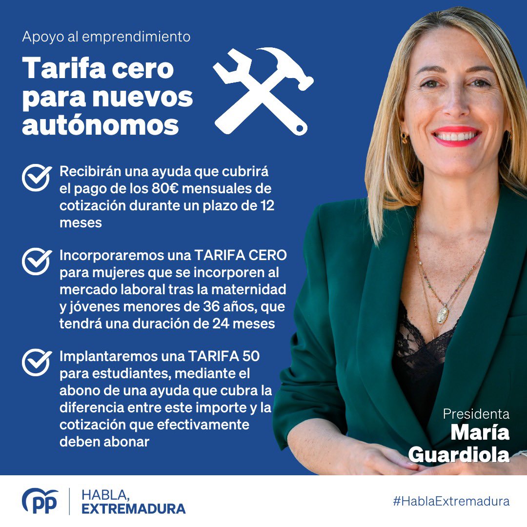🔵 APOYO AL EMPRENDIMIENTO.

✅ TARIFA CERO PARA NUEVOS AUTÓNOMOS.

🗣️ <a href="/MGuardiolaPP/">María Guardiola</a> con la #Extremadura real.

#HablaExtremadura
#eldebateCEX
