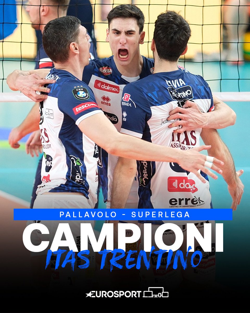 Eurosport_IT's tweet photo. TRENTO È CAMPIONE D'ITALIA! 🏆🏐🇮🇹 

Dopo 8 anni di attesa la Trentino Volley riesce a vincere il 5° scudetto della propria storia! 🦅💛💙 

#EurosportVOLLEY | #SuperLega | #ChePlayoff | #Trentino https://t.co/qkEJm46PFZ