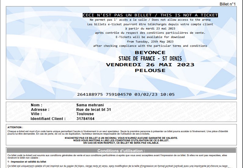 soyaaadi's tweet photo. ARNAQUE FAUX BILLETS PR LE CONCERT DE BEYONCÉ PARIS VENDU PAR : @SM10FB ATTENTION IL CHANGE SVT DE @ DONC JE VAIS VOUS MONTRER "LES PREUVES" QU'IL M'A DONNÉ ! SI VS VOYEZ ÇA FUYEZ ! 
#Beyonce #Renaissance #RENAISSANCEWorldTour
#stadedefrance #beyonceparis https://t.co/ESD6CSTaFb