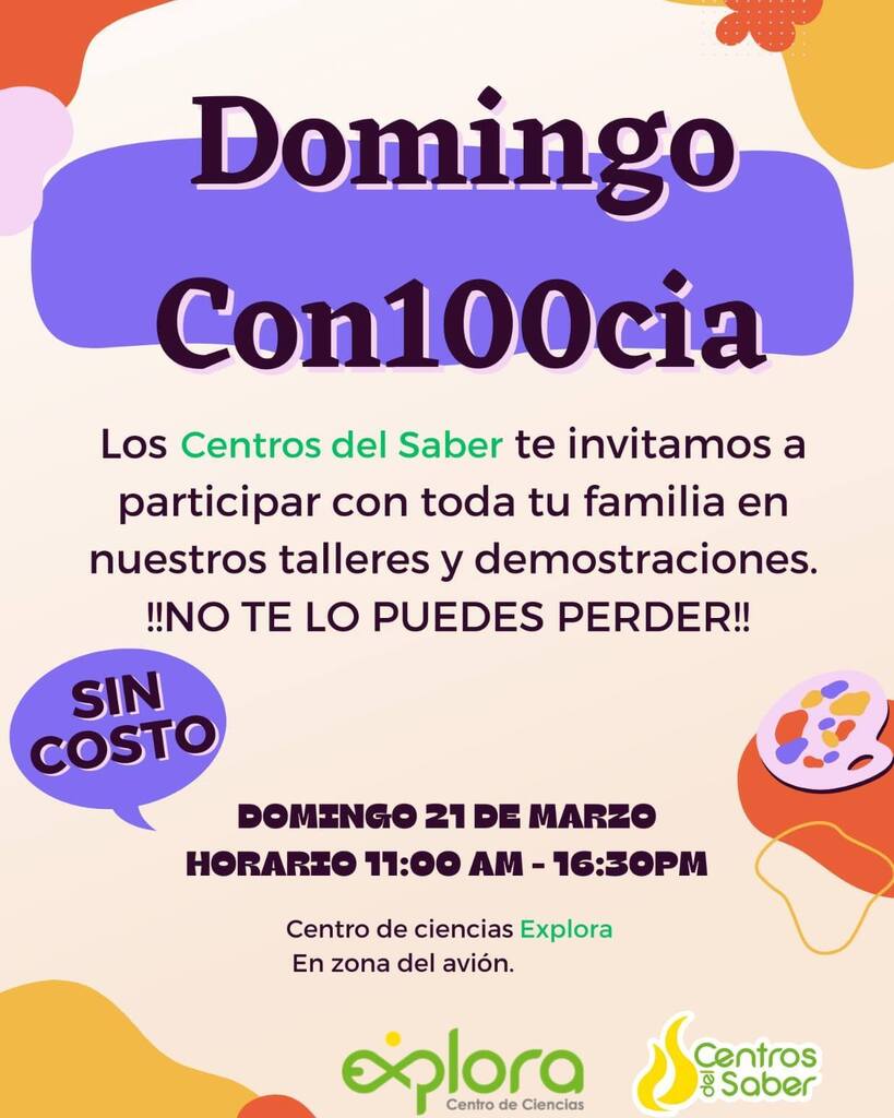 CentrosDelSaber's tweet photo. ¡Arma el plan para el fin de semana con tu familia!, 👨‍👩‍👧‍👦📅 el próximo domingo 21 todos los Centros del Saber estaremos participando en el domingo Con100cia en Explora, tendremos actividades sin costo y muy divertidas para todas las edades. 😁🦾👨‍🚀🌖🌗… https://t.co/WhBLLJlDtF https://t.co/pdpS5mu2n5