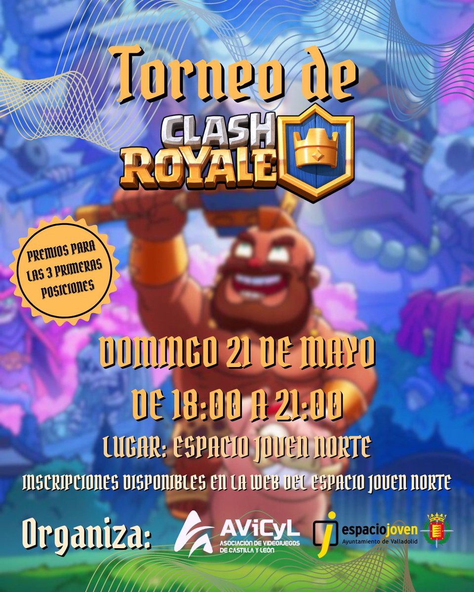 avicyl's tweet photo. Nos hemos juntado #AViCyL y @EJnorteVLL para traeros el Segundo Torneo de Clash Royale, el próximo domingo 21 de mayo de 18:00 a 21:00 horas.

#avicyl #torneo #ClashRoyale #Valladolid https://t.co/JwmZfAUSts