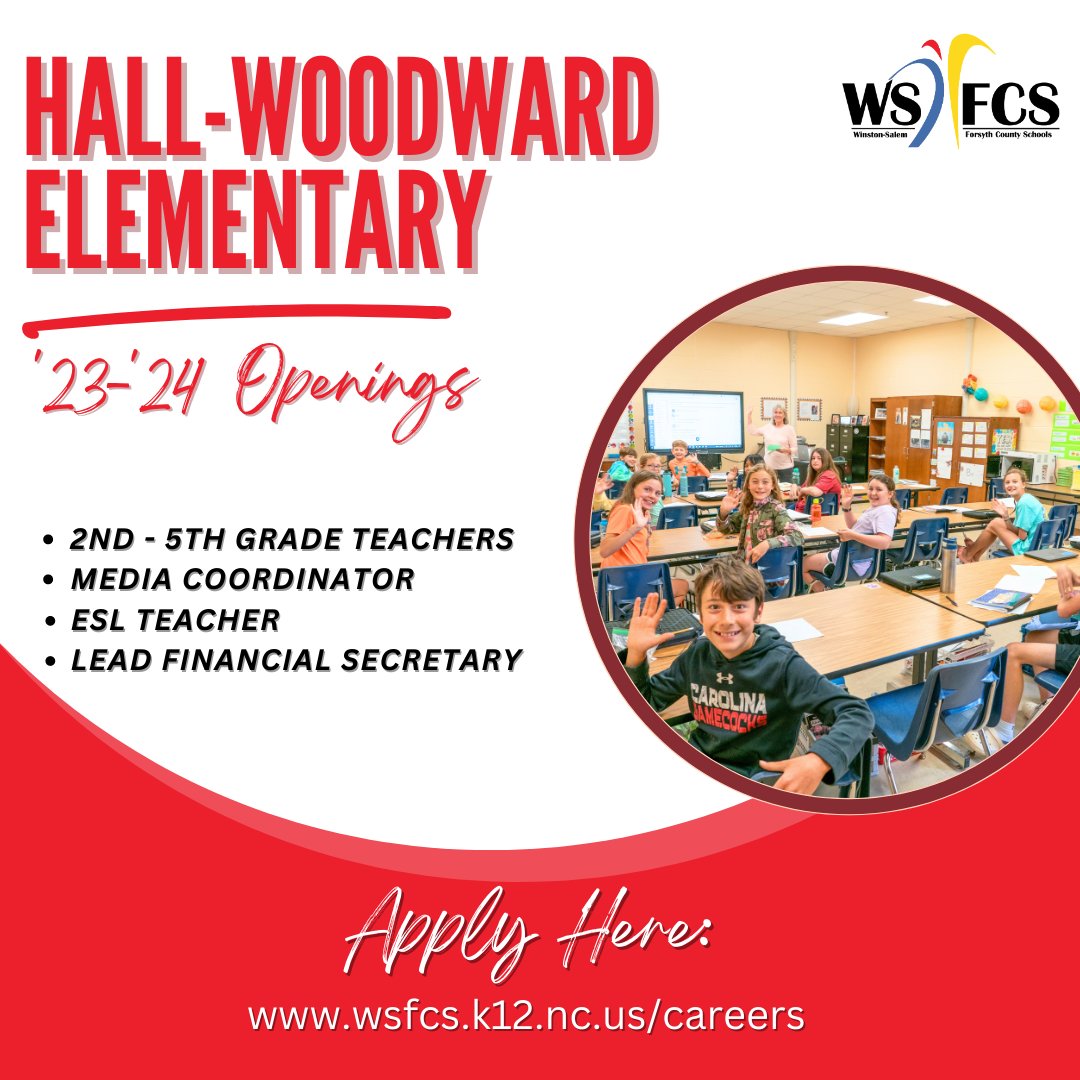 Hall-Woodward Elementary is hiring for the '23-'24 school year! If you or someone you know is interested in any of these great career opportunities, please head to our Career Board and apply!