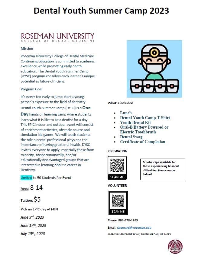 UtahRoundtable's tweet image. Know a young person interested in Dental School? Ages 8-14
Space is limited!