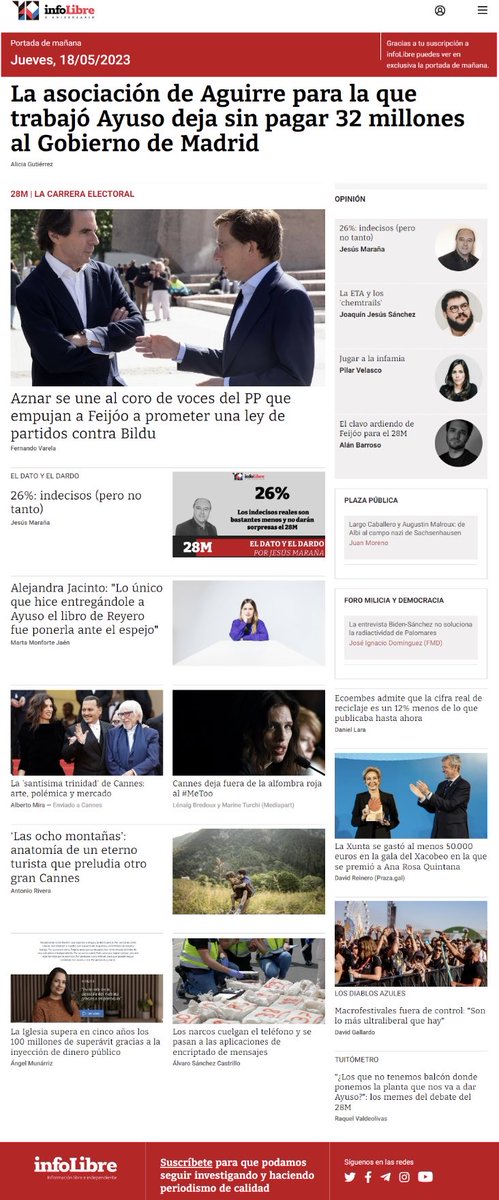 jesusmarana's tweet photo. La Portada de ⁦@_infoLibre⁩ 
La asociación de Aguirre para la que trabajó Ayuso deja sin pagar 32 millones al Gobierno de Madrid; La Iglesia supera en cinco años los 100 millones de superávit gracias a la inyección de dinero público…
Suscríbete: https://t.co/uQ2AQaQYoy https://t.co/nKJwmrvKoi