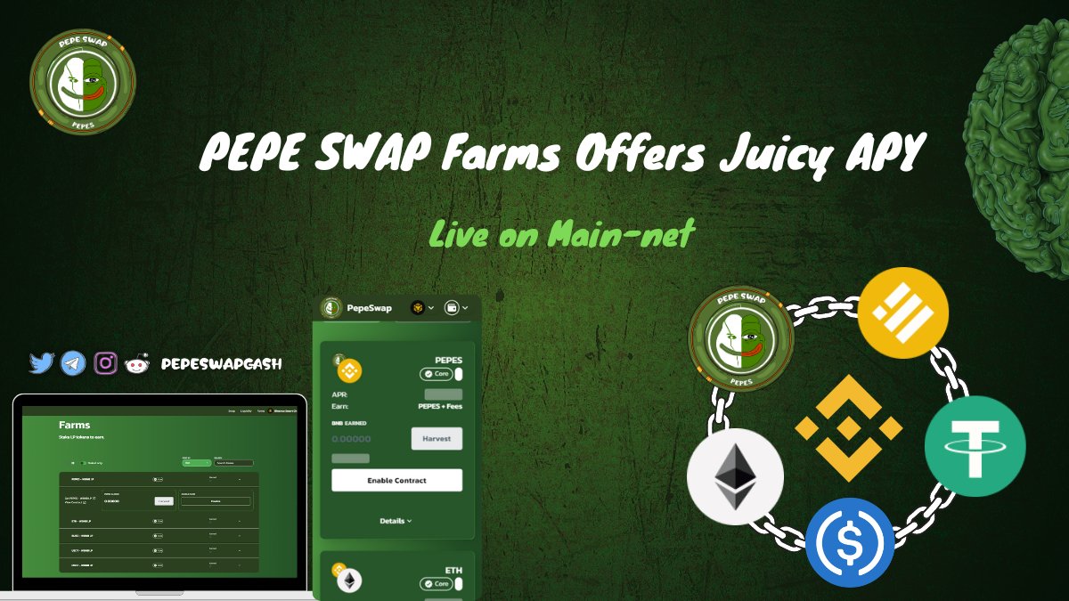 PepeSwapCash's tweet image. #PEPES Team is not coming slow🐸

⏰It is hardly 6 hours of launch &amp;amp; we deliver that others can't!

#PEPES Farms with Juicy APY reward💰
app.pepeswap.cash/farms

Any other meme token provide such utilities? 

❌BIG NO

🐸So what are you waiting for join PEPES rally

#PEPES #BNB