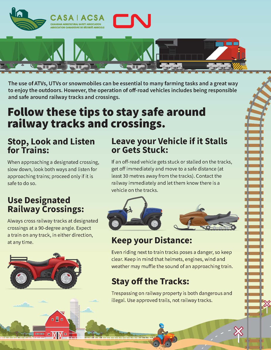 Do you operate ATVs, UTVs or snowmobiles in your day-to-day? When you're riding, remember that train tracks can pose a significant risk if you don't follow the proper steps to ensure you're crossing tracks safely. #FarmSafetyEveryDay @CNRailway