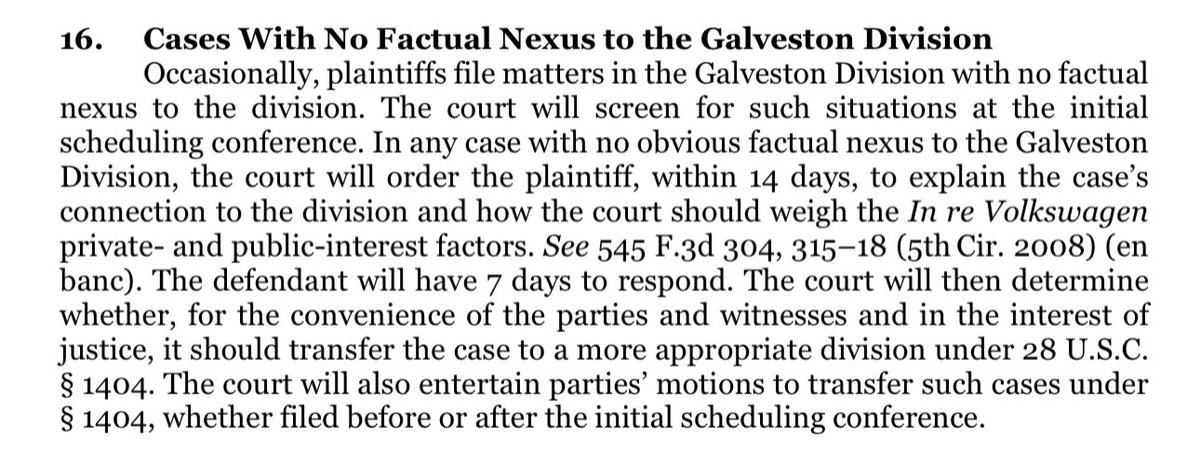 Here’s a fascinating (and positive) judge shopping development:

Back in February (I missed it), Judge Brown—who hears 100% of civil cases filed in the Galveston Division of the Southern District of Texas—amended his local rules to make shopping *harder*:

txs.uscourts.gov/sites/txs/file…