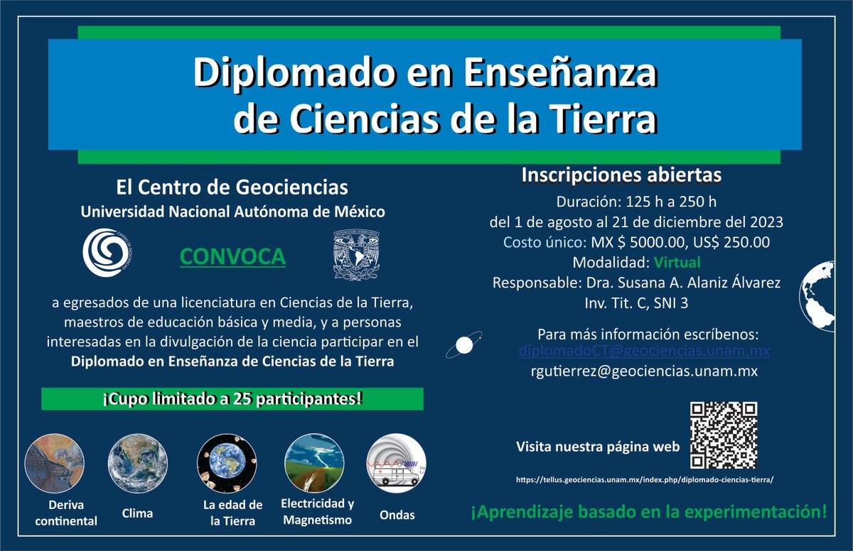 El Centro de Geociencias UNAM #México invita a sumarse al Diplomado en Enseñanza de Ciencias de la Tierra. 
Inicio de clases: 01/08/23
Más información:
📧 diplomadoCT@geociencias.unam.mx
🖥 tellus.geociencias.unam.mx/index.php/dipl…
#educacionengeociencias #IGEO #laigeo #Latinoamérica #elCaribe