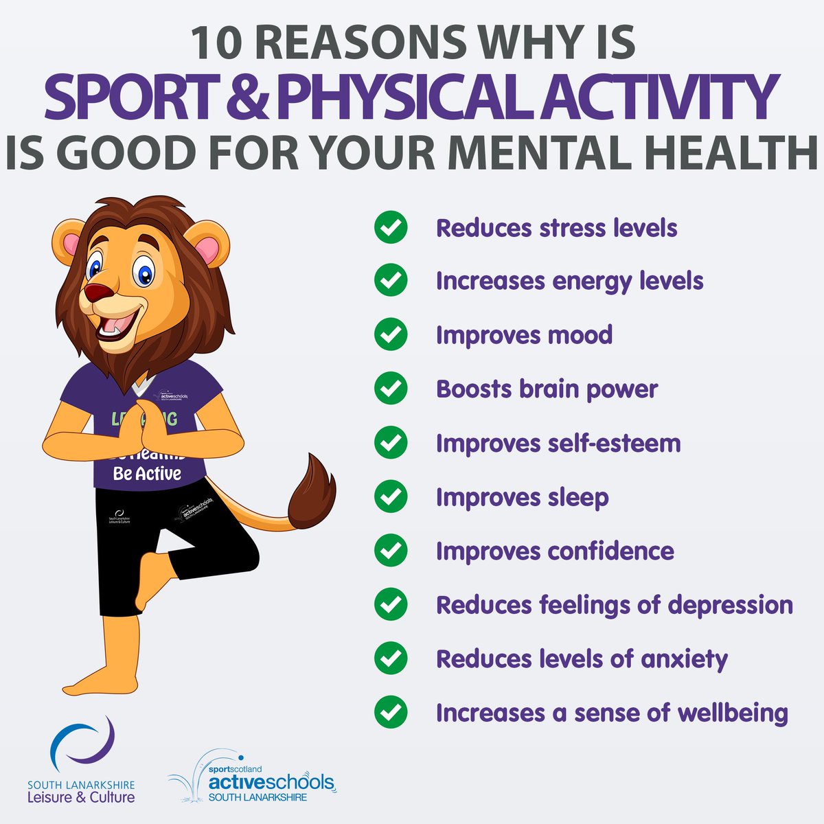 #PROFILE | Active Schools Mascot Leaping Leo with his 10 reasons why Sport & Physical Activity is good for your mental health… check out the list below! 😇🦁 #MentalHealthAwarenessWeek2023 #MentalHealthAwareness #ToHelpMyAnxiety @MentalHealthFN @sportscotland