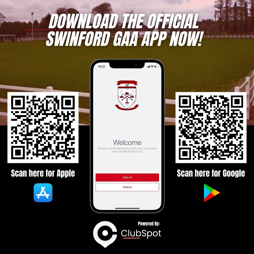 🔴⚫️ Exciting News🔴⚫️

We are delighted to announce the Swinford GAA Club app 

Please scan the QR codes below to download the app 

🔴⚫️🔴⚫️