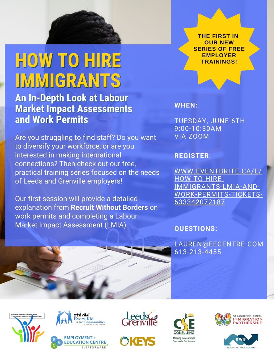 Richard Webster (he/him) (@rs_webster) on Twitter photo 📢FREE training for <a href="/Leeds_Grenville/">Leeds Grenville</a> employers on hiring newcomers on June 6 - focused on Labour Market Impact Assessments (LMIA) and Work Permits! Register here: bit.ly/45bZmp6. Questions? Contact lauren@eecentre.com. 📢FREE training for <a href="/Leeds_Grenville/">Leeds Grenville</a> employers on hiring newcomers on June 6 - focused on Labour Market Impact Assessments (LMIA) and Work Permits! Register here: bit.ly/45bZmp6. Questions? Contact lauren@eecentre.com.