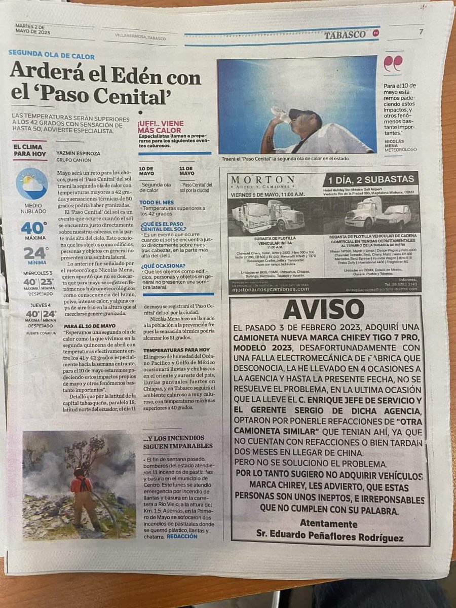 cuartodemillamx's tweet photo. El presente es un relato de lo sucedido a un servidor con la compra de una camioneta marca #Chirey #tiggo #7pro modelo 2023, que me fue entregada el pasado 3 de febrero del presente, en la Agencia Chirey #Villahermosa, que pertenece al GRUPO #CRUCES, a los 27 días de adquirida presentó fallas en algunas partes de su equipo no funcionaba la pantalla multimedia, además el sistema de aire acondicionado, tengo los órdenes de servicio en total cuatro ocasiones, la última vez que me entregaron la camioneta fue el día 21 de abril.
Un dÍa antes de qué se me hiciera esta entrega, el 20 de abril, tuvimos una platica, su servidor el gerente de servicio C. Enrique y el gerente general C. Sergio, se acordó que a la camioneta le iban a colocar una pieza de otra unidad similar que supuestamente causan la falla, ya que la refacción tardaría dos meses en llegar de China, se procedió a cambiar la pieza y hacer pruebas para saber si esto resolvería el problema, comunicándome por la tarde de ese mismo día que efectivamente era compatible y se le pondrían, me llamo por teléfono él C. Enrique y me dijo, mañana le entrego la camioneta a las 17 horas, siguiendo sus instrucciones pasé por el vehículo a la hora acordada, la recibí la llevé a mi domicilio y la guardé, no me falló en el trayecto a mi domicilio, sin embargo el 23 de abril al querer utilizarla, volvió a presentar el mismo problema sin función de la pantalla de instrumentos ni el aire acondicionado, aparece la fecha desprogramada, volví a grabar un video para tener evidencia de qué seguía el mismo problema y lo mandé al C Enrique jefe de servicio, llevándola por cuarta ocasión con la misma falla el lunes 24 de abril, esperando que tuviéramos un acuerdo para solucionar el problema definitivamente y que la agencia pudiera proporcionarme un vehículo para que mi familia se pudiera movilizar. Se acordó ente el C. Enrique y el C. Sergio la revisión y reparación del vehículo y para que se me proporcionará un vehículo en tanto se reparaba la unidad, Quedaron de avisarme el día 25 de abril a las 12 P.M. me llamaron para informarme que ya estaban trabajando la camioneta y que NO ME PODIAN PRESTAR NINGÚN VEHÍCULO, que no les autorizaron mi petición.
Por lo tanto acudí a la #PROFECO el 26 de abril, ahí me dieron una explicación, en esa instancia, solo podrían lograr, que se reparara la camioneta, no era posible que me cambiaran el vehículo o bien que se me devolviera el anticipo y se dejara de pagar a la financiera, en esa oficina no se podría lograr esos acuerdos, que para eso debería de acudir a un Juzgado y contratar un abogado.
Al ver que resulta muy difícil solucionar mi problema, acudí a un medio de comunicación de esta Ciudad de Villahermosa, el diario “Tabasco Hoy “ y publique los pormenores de esta situación, que muchos compradores pasan, al final del presente texto pondré el anuncio que publique y ademas de un video explicando la falla del vehículo.
EN CONCLUSION: Tener mucho cuidado al comprar un vehículo, las marcas nuevas no cuentan con refacciones, pueden traer defectos de fabrica que se desconocen y nos causaran un gran problema como el presente. Tener mucho cuidado con las agencias en este caso pertenece al GRUPO CRUCES, te tratan muy bien antes de la venta, pero una vez que se logra, si tienes algún problema recibes una atención pésima, ya saben bien lo que tienen que hacer, si algún vehículo trae una falla, el cliente reclamara, le recibimos el vehículo, sino se resuelve, ya saben que iras a la PROFECO y no lograras nada, tendrás que esperar el tiempo que ellos te den para conseguir la pieza, NO TE PROPORCIONARAN UN VEHICULO PARA MOVERTE, ademas de que saben que muy pocos acudirán a realizar el tramite a un juzgado, por el tiempo de espera, perdida de tiempo y dinero, sin embargo seguiré ese procedimiento.
TENGAN CUIDADO CON ESTAS AGENCIAS, LA MARCA CHIREY YA COMPROBE QUE NO ES CONFIABLE LA CAMIONETA QUE ADQUIRÍ TIENE 3 MESES Y SOLO LA HE UTILIZADO 20 DIAS