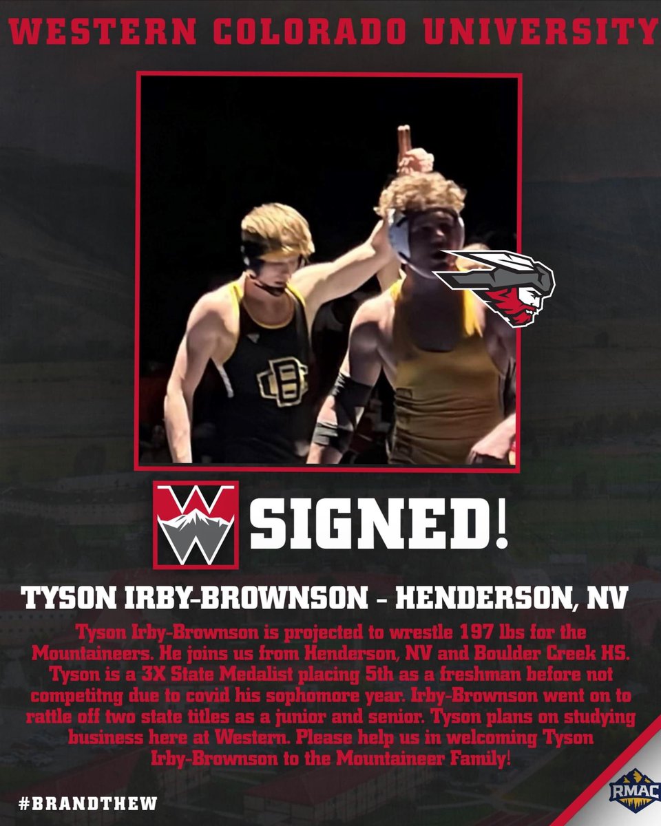 Red Tornado, help us in welcoming Tyson Irby-Brownson to the Mountaineer family! Tyson wrestled for Boulder Creek High School in Henderson, Nevada where he was a 3X State Placer and a 2X State Champion. Tyson is projected to wrestle at 197 for Western! #BrandTheW