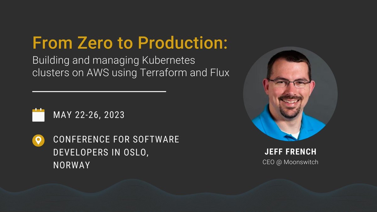 Moonswitch's tweet photo. 📣 Interested in learning how to build cloud infrastructure for #Kubernetes on #AWS using #Terraform and managing it using the #Flux GitOps framework? If so, join Moonswitch CEO Jeff French on May 22-26, 2023 in Oslo, Norway. https://t.co/Lb8EZIbAxe https://t.co/1fYKVl3fkz