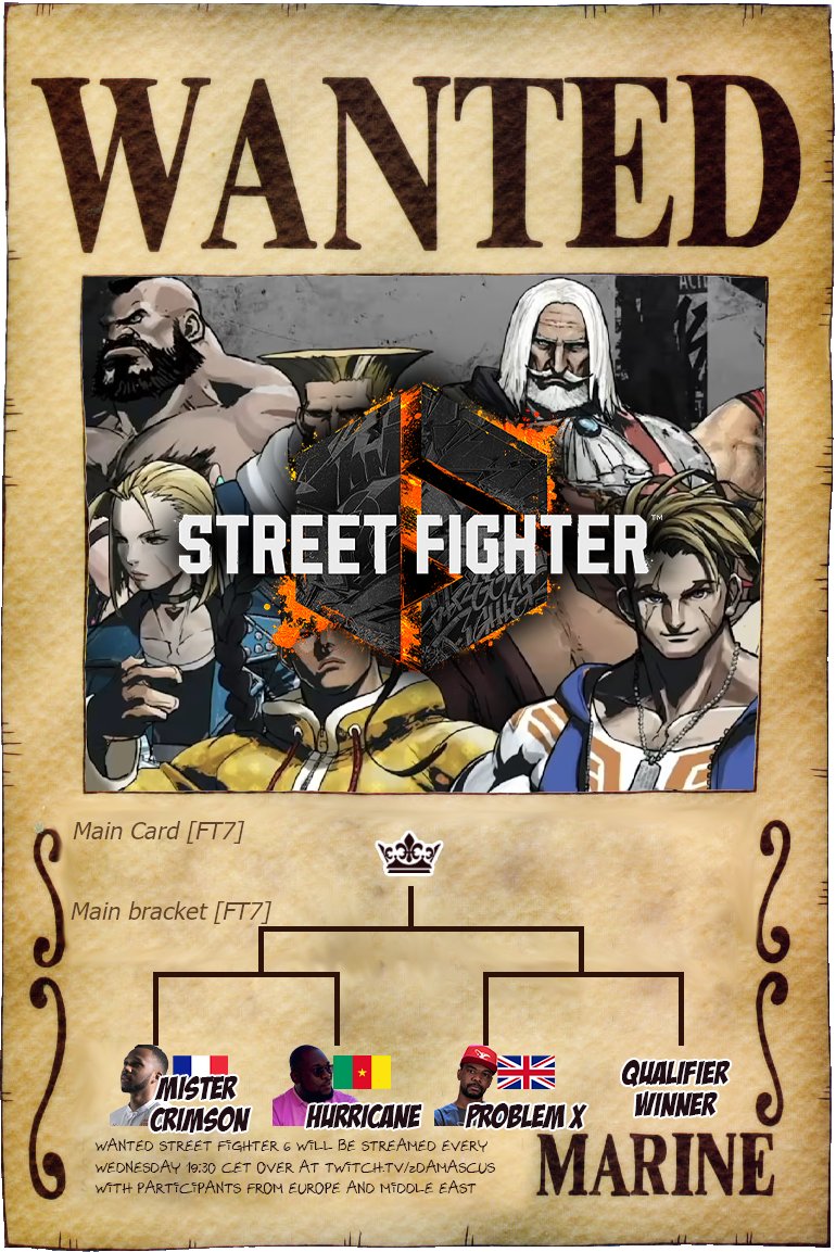It's Wednesday
Do you know what's coming back on Wednesdays?

WANTED STREET FIGHTER IS BACK!

And the first card is an ALL STAR CARD! The two biggest WANTED champs in history &amp; the EVO CHAMP!

<a href="/MistahCrimson/">Mister Crimson</a> 🇫🇷vs 🇨🇲<a href="/Hurricane_FGC/">Hurricane 🇨🇲</a> 
<a href="/MrProblemX/">MOUZ | Problem X</a> 🇬🇧vs qual

⏰ Wed 7 June 19:30 CEST