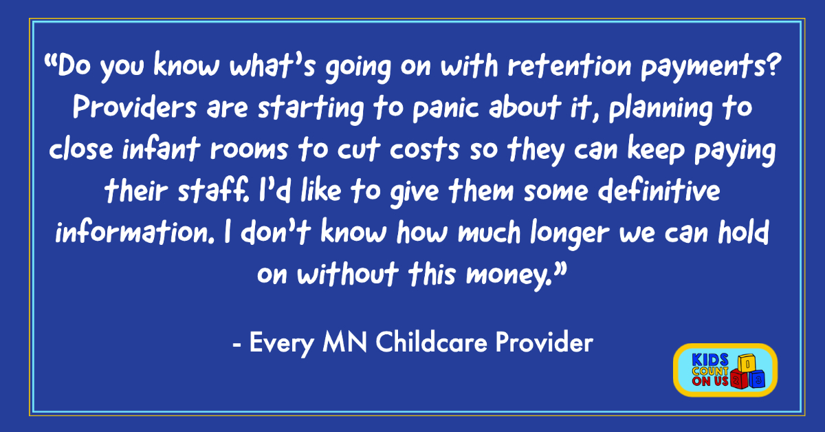 We are still anxiously waiting to hear what the $ amount will be for childcare retention payments...Just a little note #mnleg about what we are hearing from childcare providers MULTIPLE times a week....

#fullyfundchildcare #retentionpayments #laboroflove ≠ free labor!