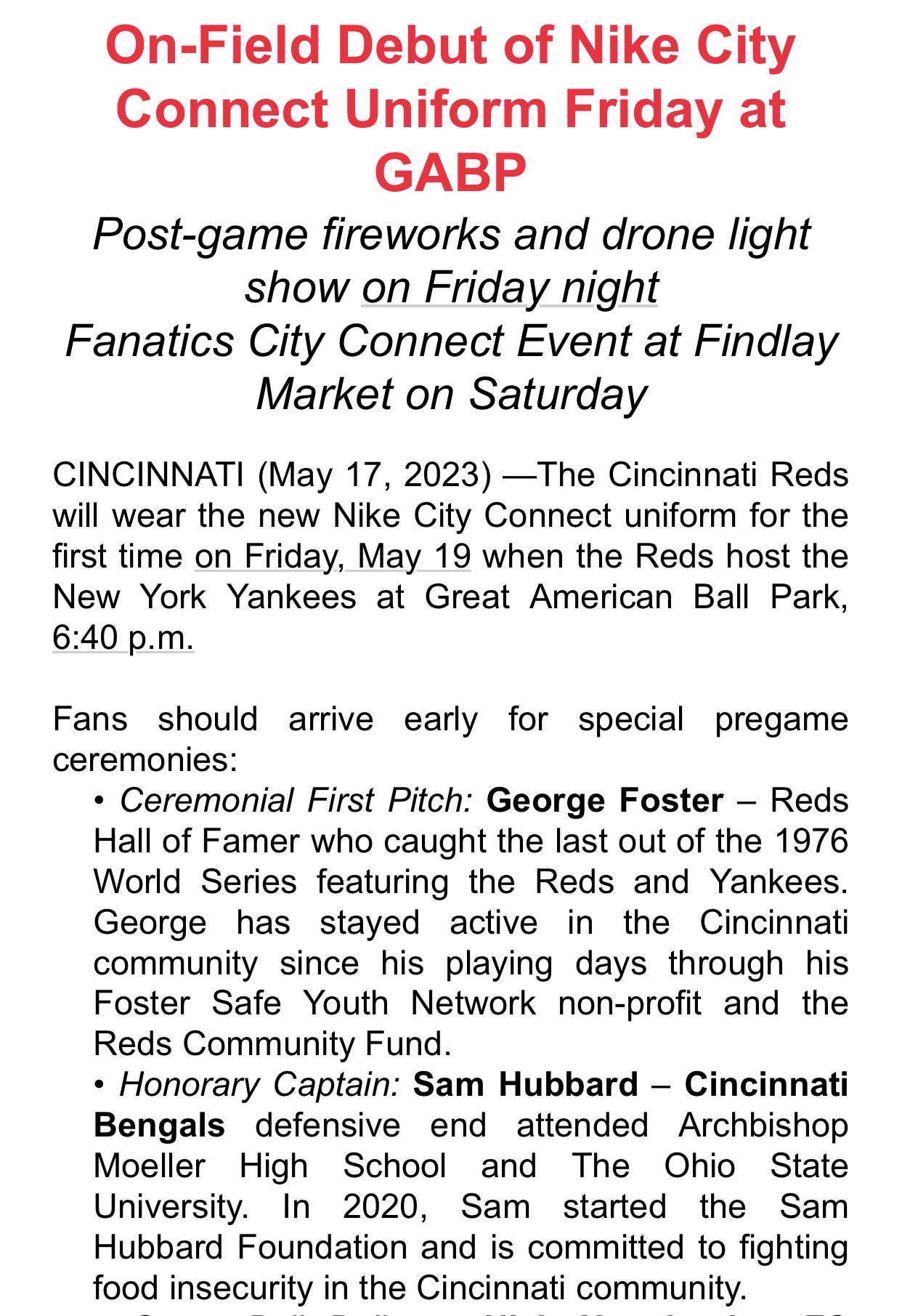 Reds to debut new City Connect uniforms Friday