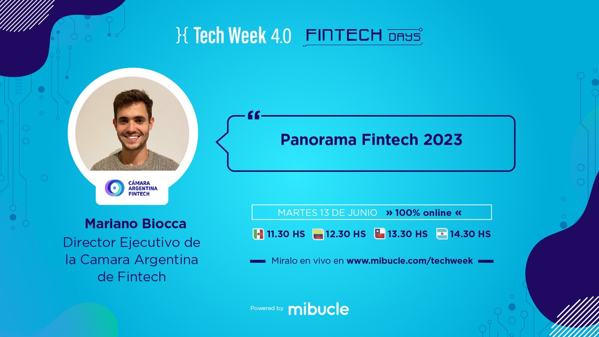mibuclecom's tweet photo. 👉🏼 Presta atención a 3 de nuestros invitados que van a estar presentes en la Tech Week 4.0.
¡Todavía tenes tiempo para registrarte!
📲 https://t.co/lZ66RD2Tkf
🙋♂️ Mariano Biocca, Director Ejecutivo de @CamaraFintechAr
#TechWeekmibucle https://t.co/BAsnBEfr0R