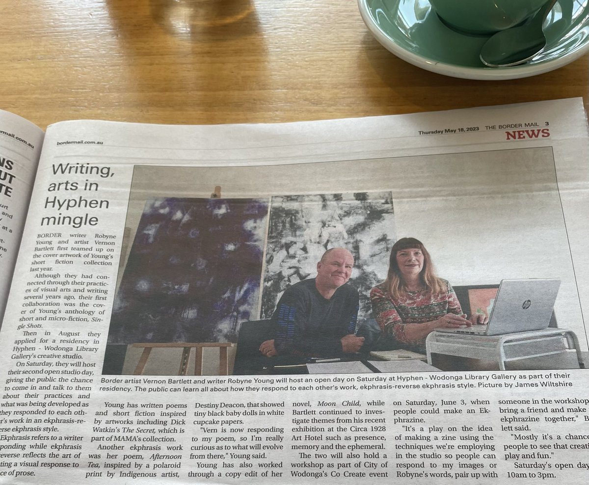 So, my creative partner-in-crime Vern Bartlett and I made page 3 of today’s <a href="/bordermail/">bordermail</a> If you’re in the Albury-Wodonga area on Saturday pop in and say hello to us <a href="/hyphen_wodonga/">hyphen</a> . #regionalcreatives #ekphrasisreverseekphrasis #writers #artist